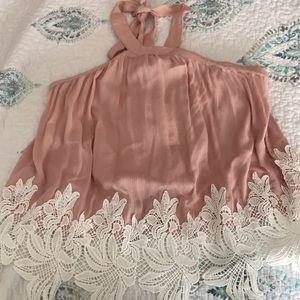 Blush blouse with lace detail and tie neck